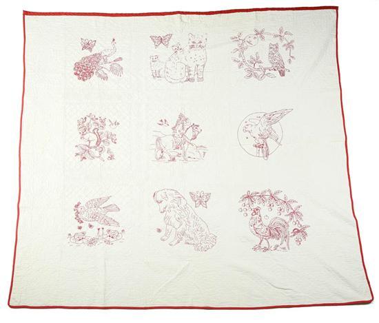 Appraisal: QUILT White with red border and various red stitched animals