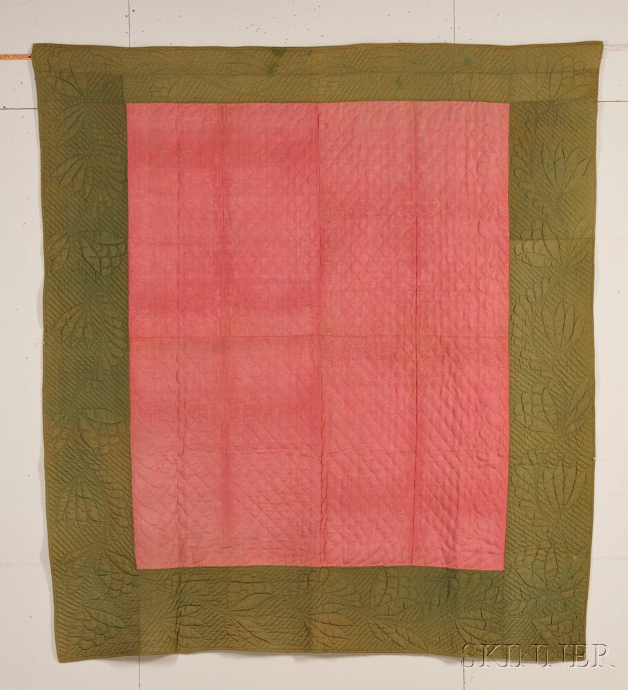 Appraisal: Pieced Pink and Green Linsey-Woolsey Quilted Bedcover America early th