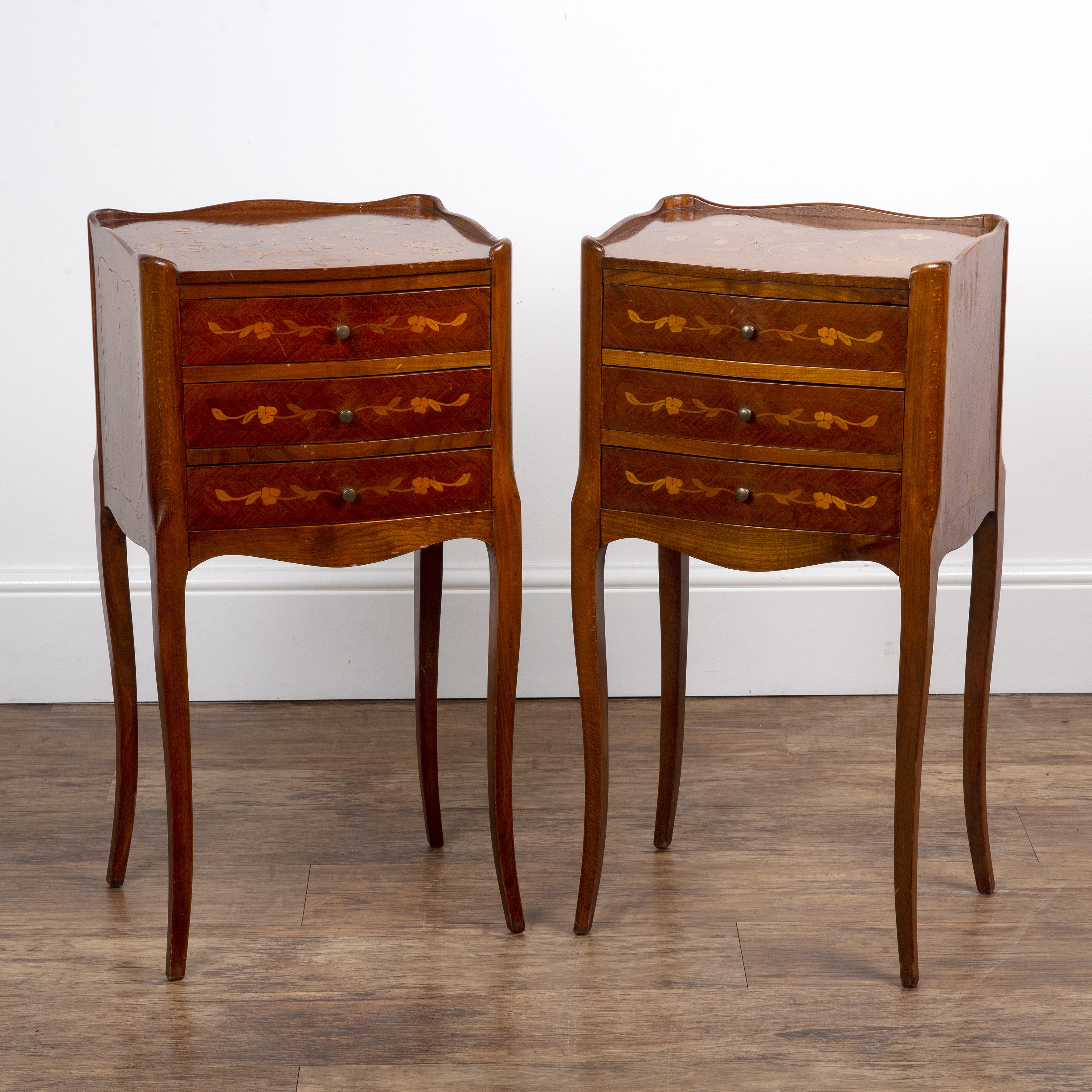 Appraisal: Pair of marquetry bedside table cabinetsFrench style each fitted with