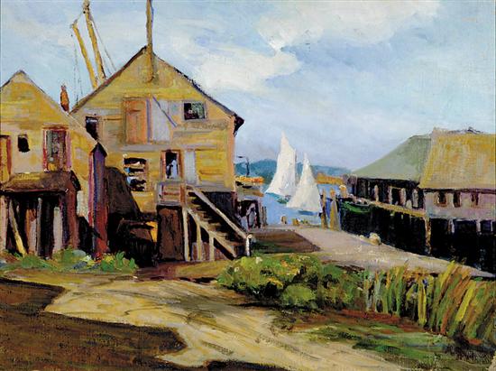 Appraisal: Edith Abbot New York d COASTAL VILLAGEoil on canvas laid