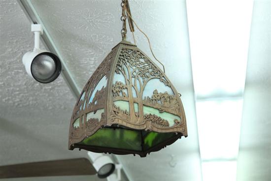 Appraisal: SLAG GLASS HANGING LIGHT Square hanging shade with a tapered