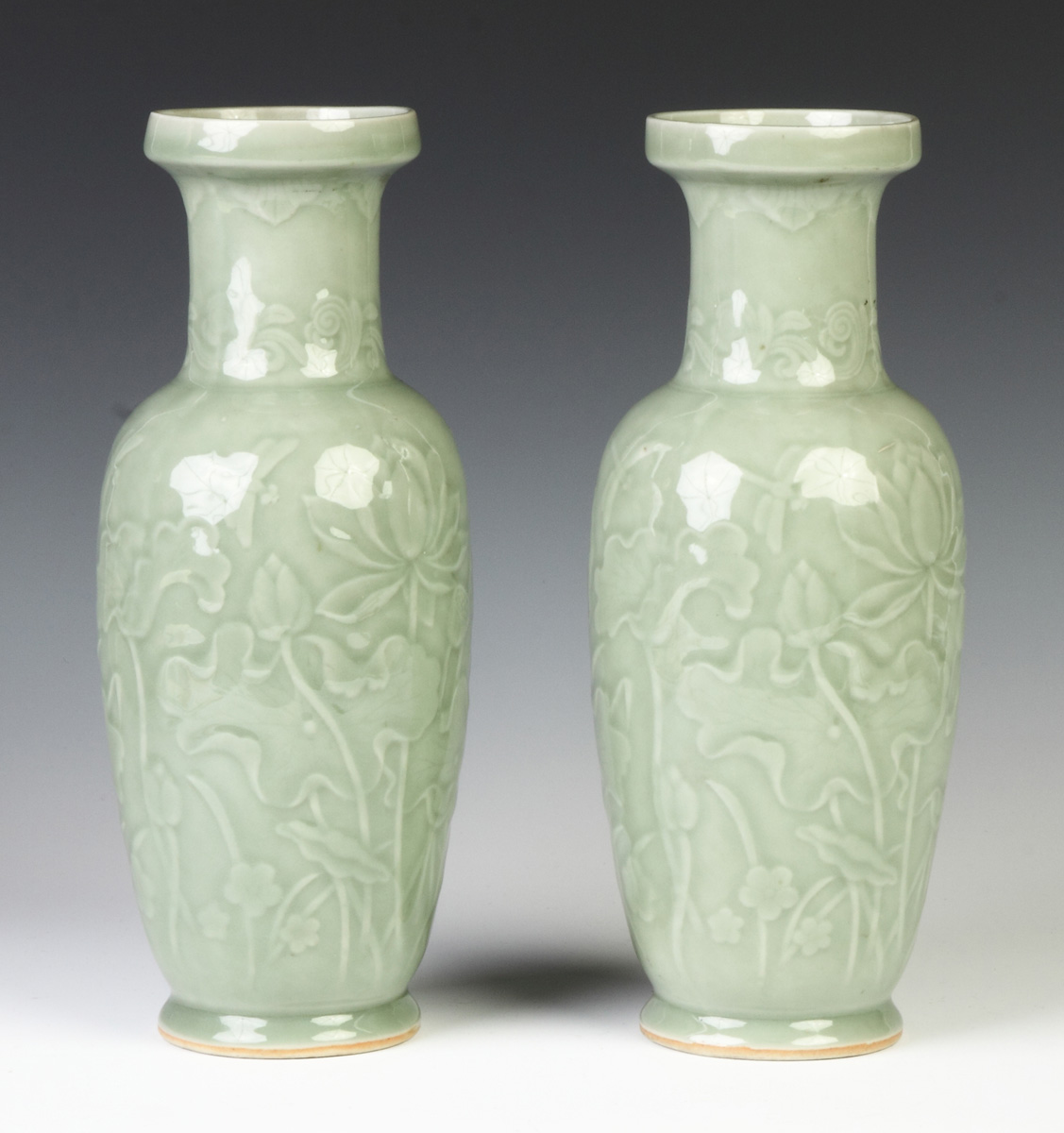 Appraisal: Pair of Chinese Celadon Vases w Relief Decoration