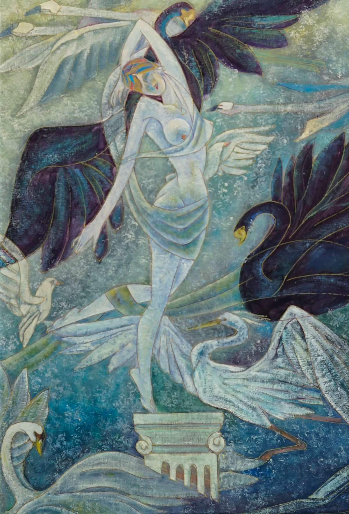 Appraisal: HUNAN SCHOOL PAINTING OF A NUDE BEAUTY WITH SWANS SIGNED