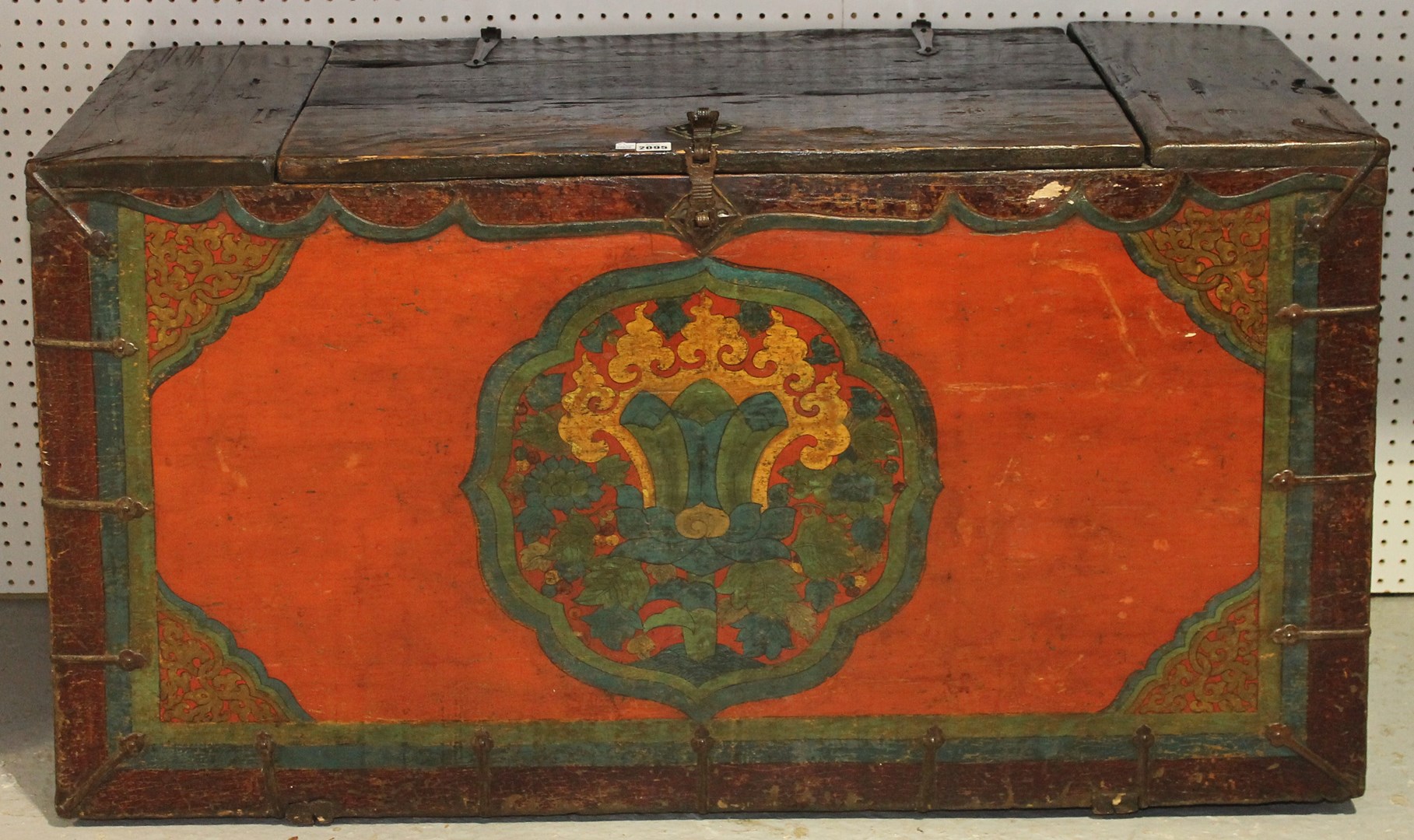 Appraisal: A th century Eastern iron bound painted soft wood trunk