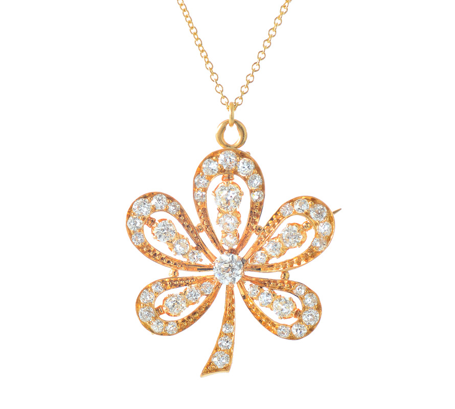 Appraisal: K DIAMOND LUCKY FIVE LEAF CLOVER BROOCH NECKLACE Art Deco