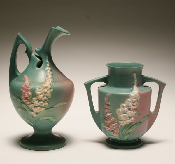 Appraisal: Roseville Foxglove art pottery ewer and vase Shape - and