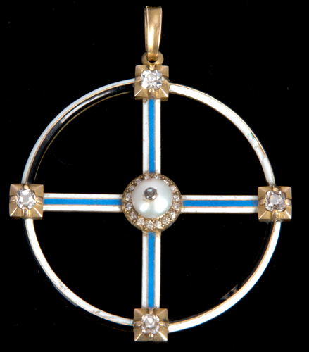 Appraisal: th C enameled pendant with diamonds and pearl designed in