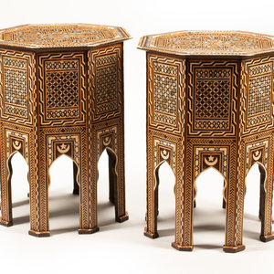 Appraisal: A Pair of Moorish Style Marquetry Tables th Century Height