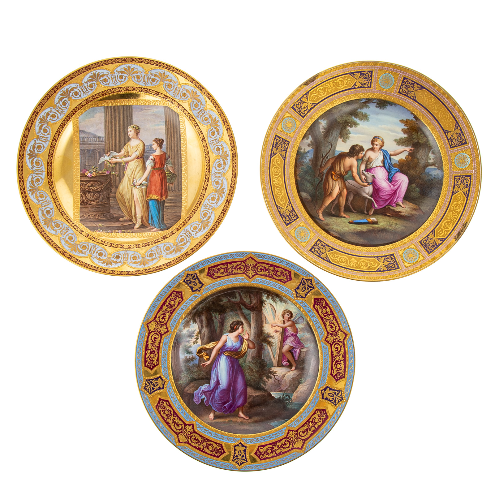 Appraisal: THREE VIENNA PORCELAIN CABINET PLATES Early th century painted classical