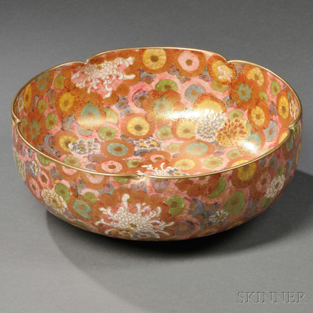 Appraisal: Satsuma Floral Bowl Japan th century with five-scalloped rim resting