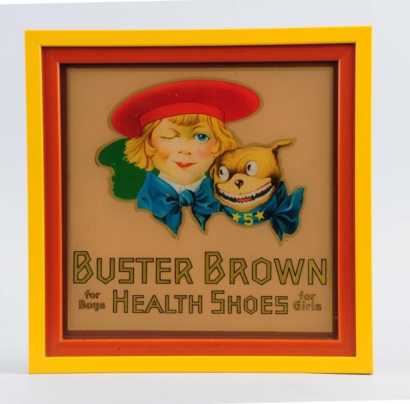 Appraisal: Buster Brown Reverse Painting On Glass Sign Framed This glass