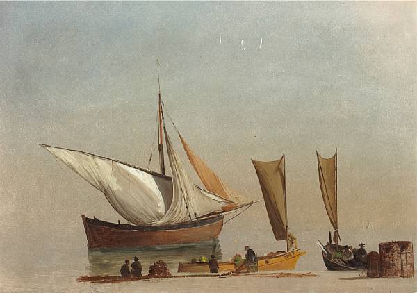 Appraisal: Albert Bierstadt German - Fishing Boats oil on paper on