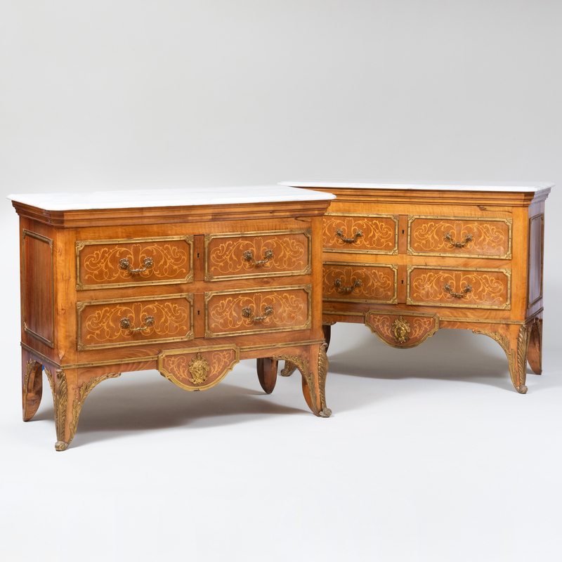 Appraisal: Pair of R gence Style Ormolu-Mounted Fruitwood Marquetry Commodes With