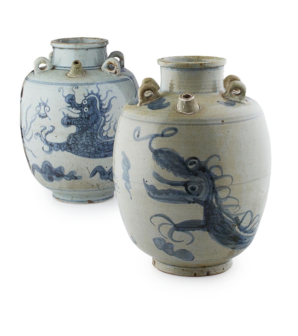 Appraisal: NEAR PAIR OF LARGE SWATOW BLUE AND WHITE JARS QING