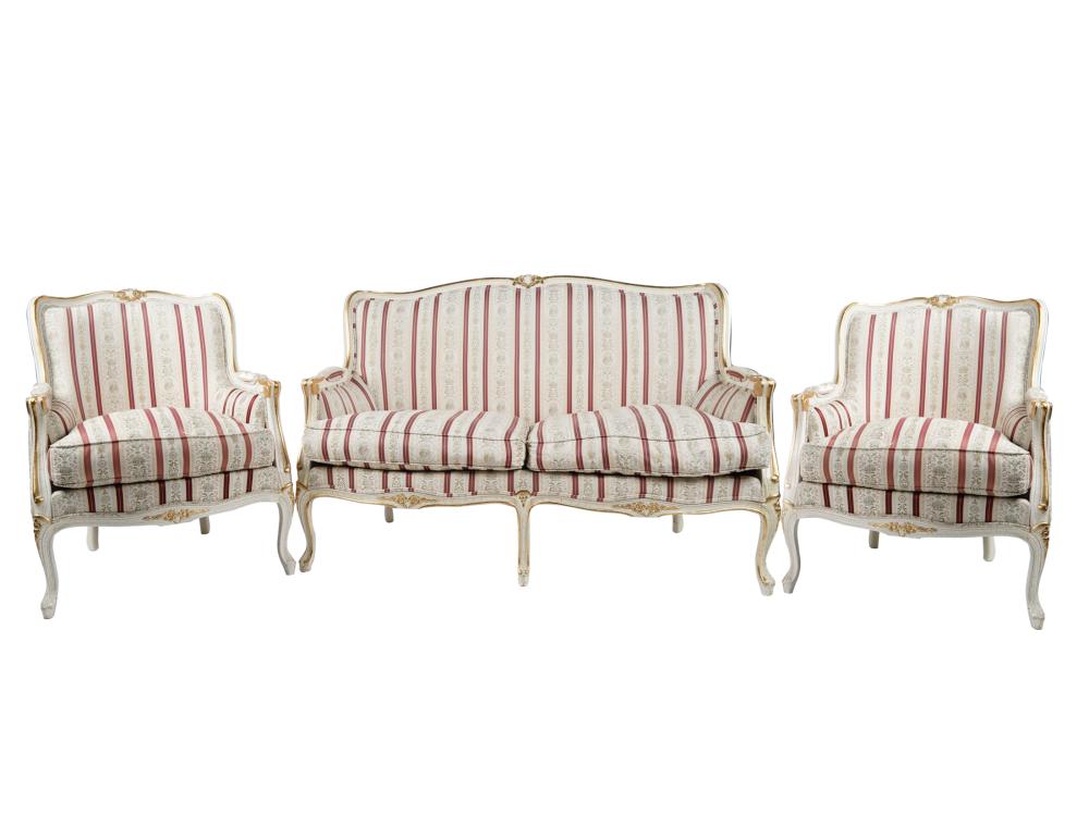 Appraisal: LOUIS XV-STYLE PAINTED GILT SALON FURNITURE SUITEmodern comprising a settee