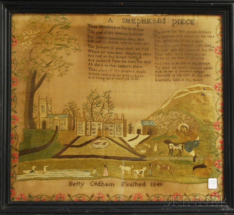 Appraisal: Pictorial Needlework Sampler Betty Oldham Finished worked in silk threads