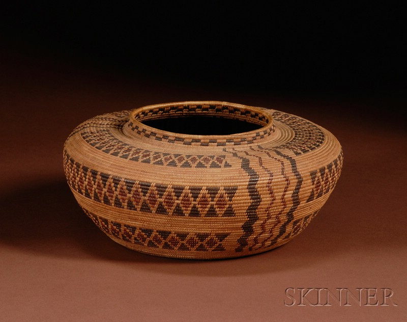 Appraisal: California Polychrome Coiled Basketry Bowl Yokuts c the bottleneck form