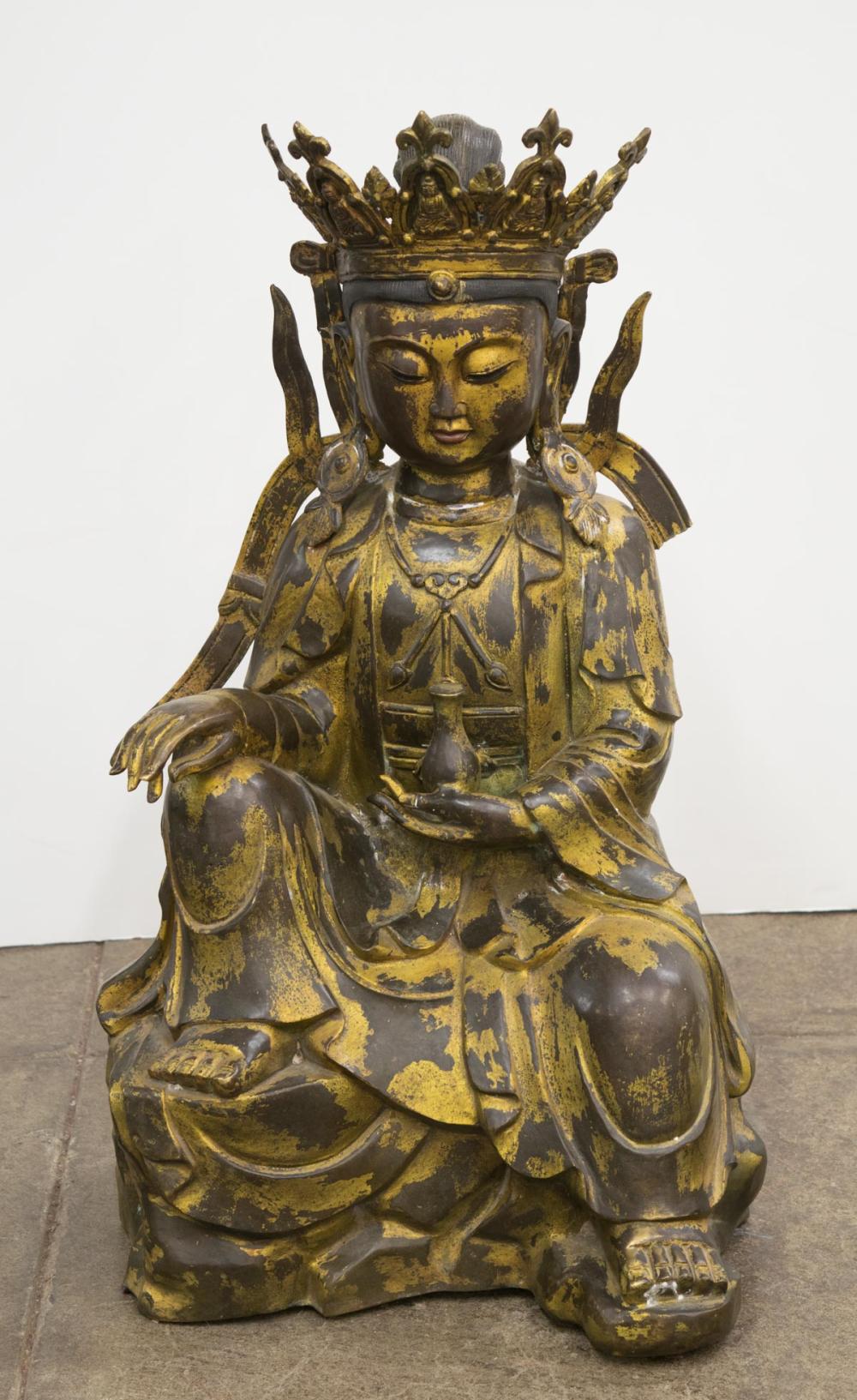 Appraisal: CHINESE GILT BRONZE VAIROCANA BUDDHA in seated pose with five-pointed