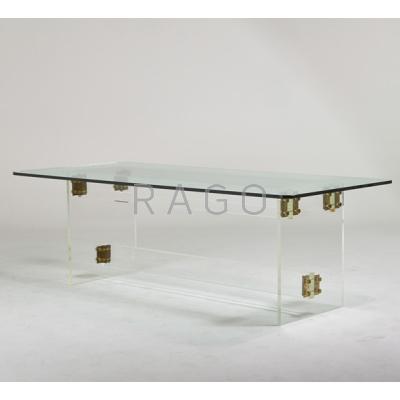 Appraisal: AMERICAN Trestle dining table s Acrylic brass glass Unmarked x