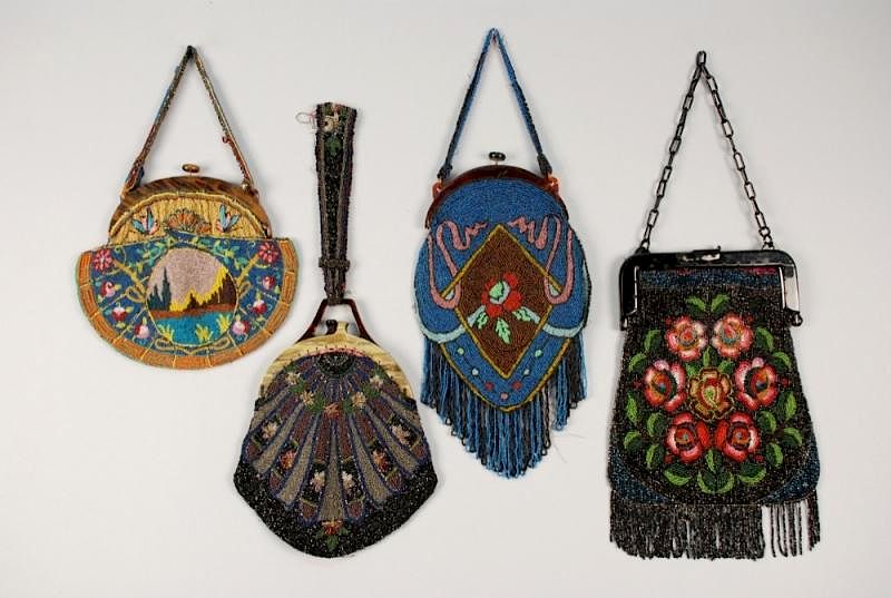 Appraisal: FOUR DECO BEADED BAGS with CELLULOID FRAME All polychrome designs