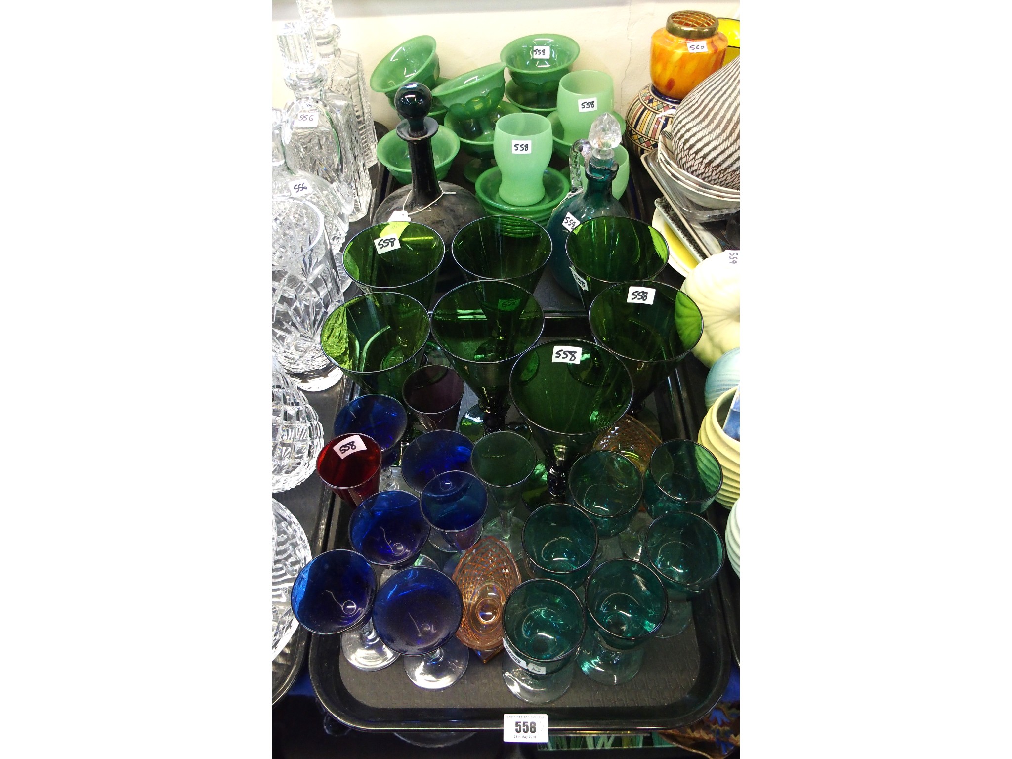 Appraisal: Seven bottle green tapering drinking glasses six turquoise glasses and