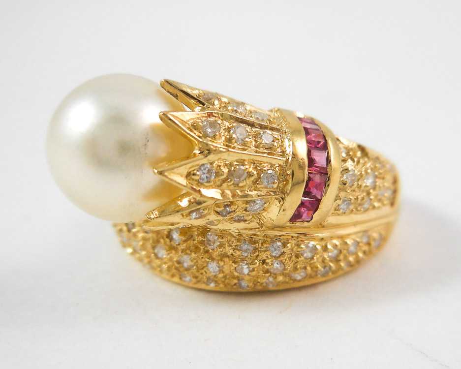 Appraisal: PEARL RUBY DIAMOND AND YELLOW GOLD RING The k yellow