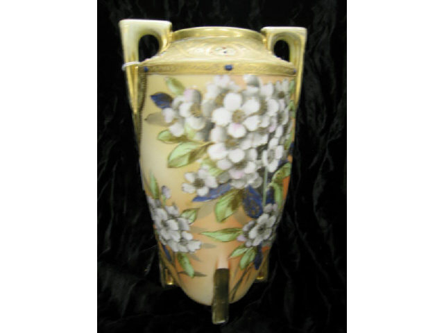 Appraisal: Nippon Handpainted Porcelain Vase rich floral on satin jeweled and