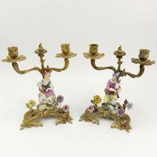 Appraisal: Pair th Century Gilt Bronze and Meissen Porcelain Candelabra Pair