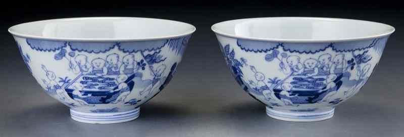 Appraisal: Pr Chinese Qing Guangxu blue and white porcelainbowls depicting boys