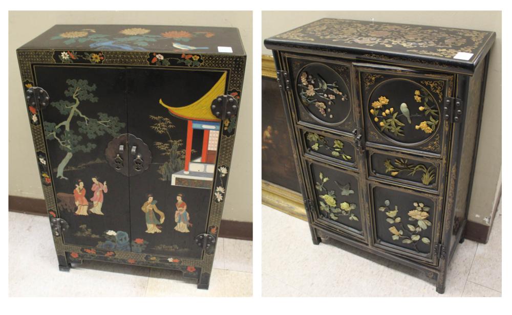 Appraisal: TWO DOUBLE-DOOR BLACK LACQUER SIDE CABINETS Chinese late th century