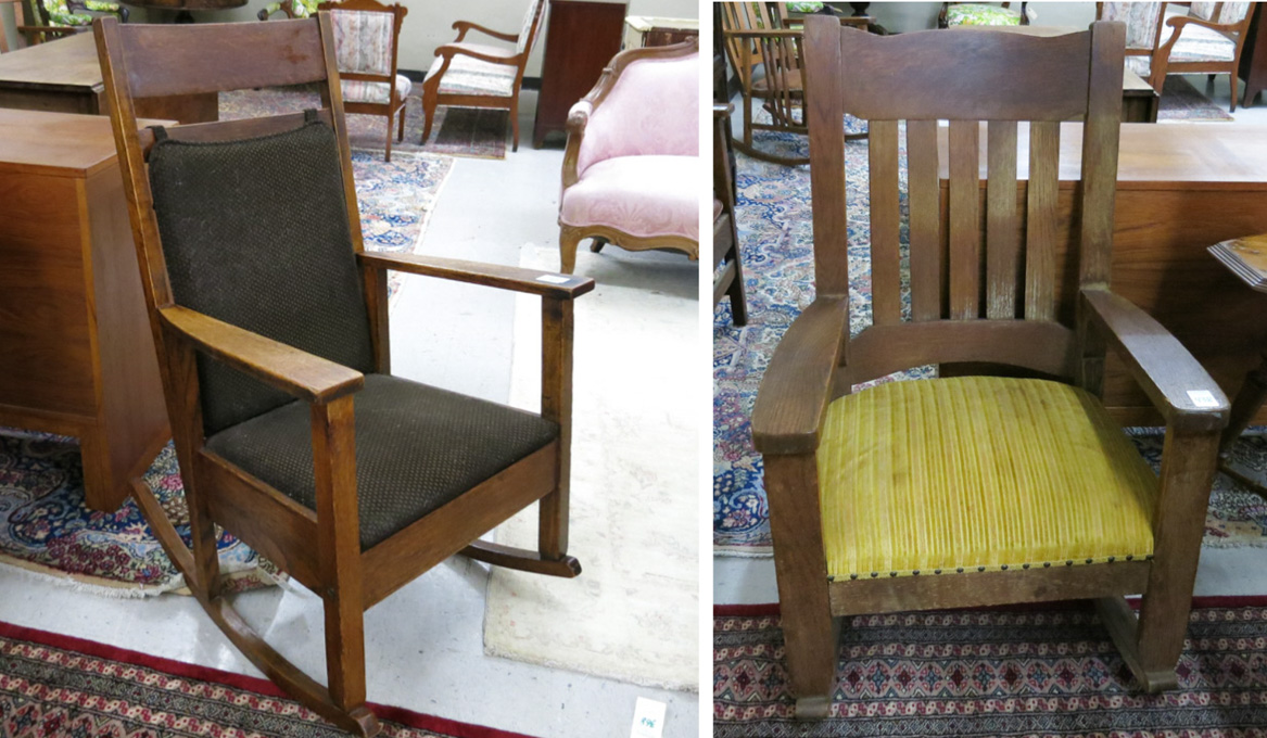 Appraisal: TWO CRAFTSMAN OAK ROCKING CHAIRS American Arts Crafts era Mission