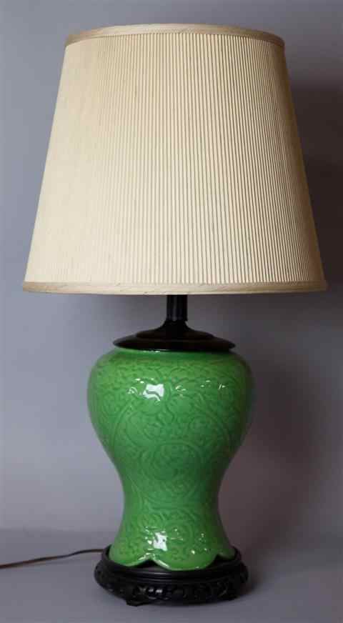 Appraisal: JAPANESE CARVED CELADON LAMP the high shouldered vase with scalloped