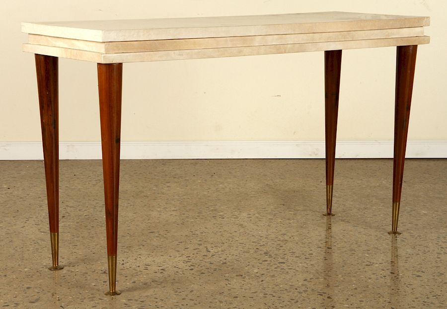 Appraisal: PARCHMENT COVERED STACKED TOP CONSOLE TABLE A modern parchment covered