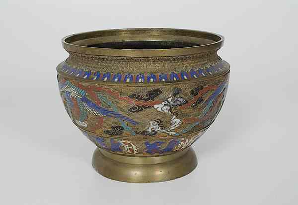 Appraisal: Chinese Bronze and Cloisonne Planter China th century With phoenix