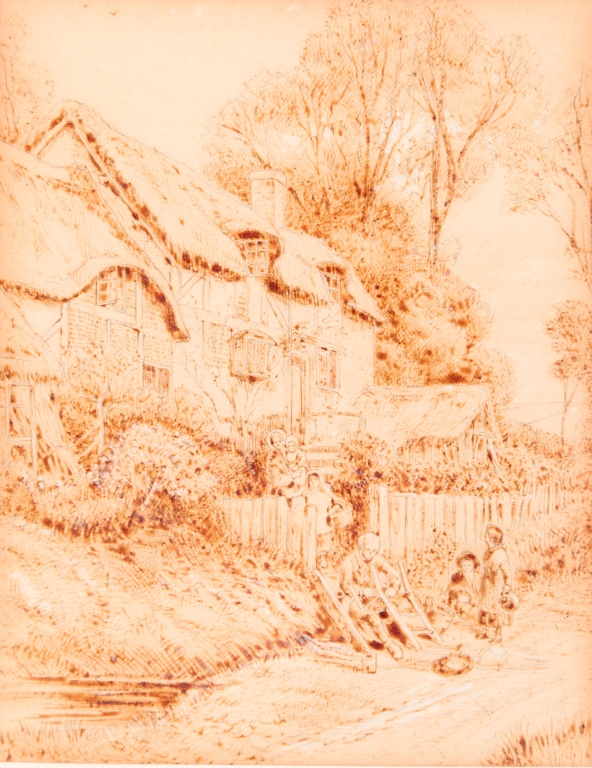 Appraisal: American - Mixed media illustration of a cottage with a