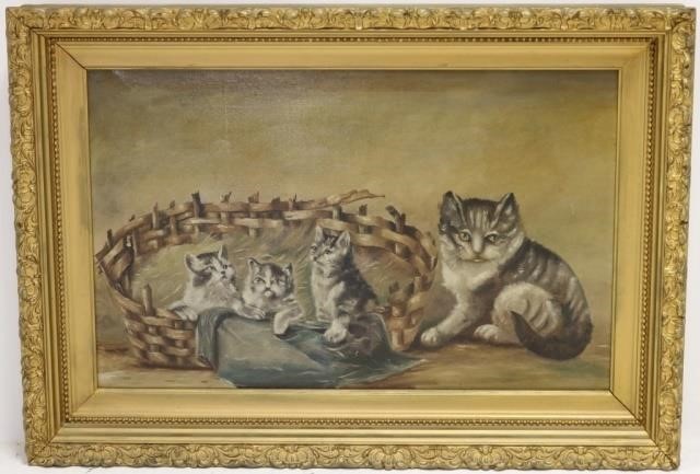 Appraisal: TH C OIL PAINTING ON CANVAS DEPICTING MOTHERCAT WITH KITTENS