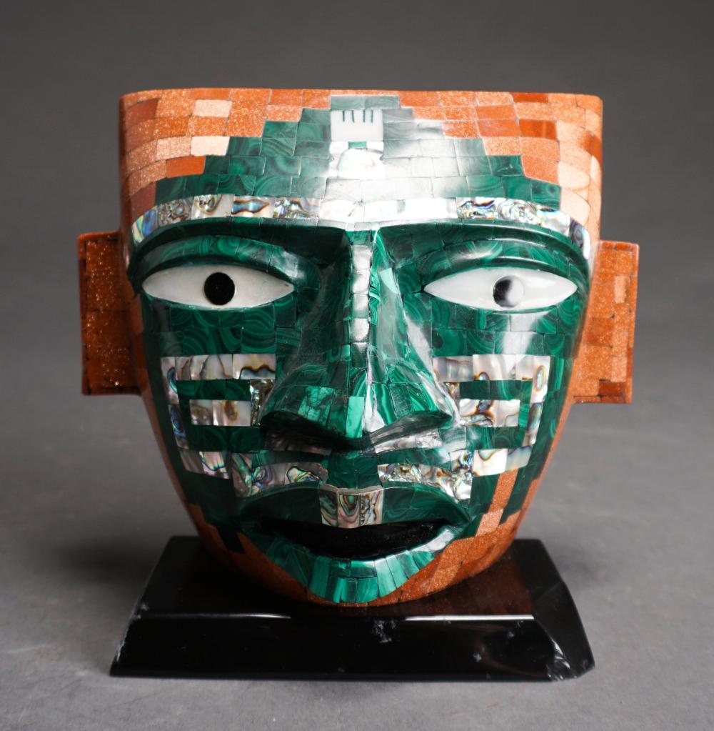 Appraisal: SOUTH AMERICAN STYLE INLAID STONE MASK ON PLINTH H IN