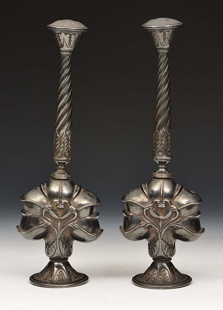 Appraisal: A PAIR OF INDIAN SILVER ROSEWATER SPRINKLERS of tall slender