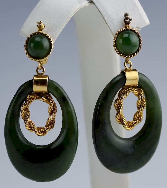 Appraisal: Vintage k Gold Green Jade Diamond Earrings Vintage jade and