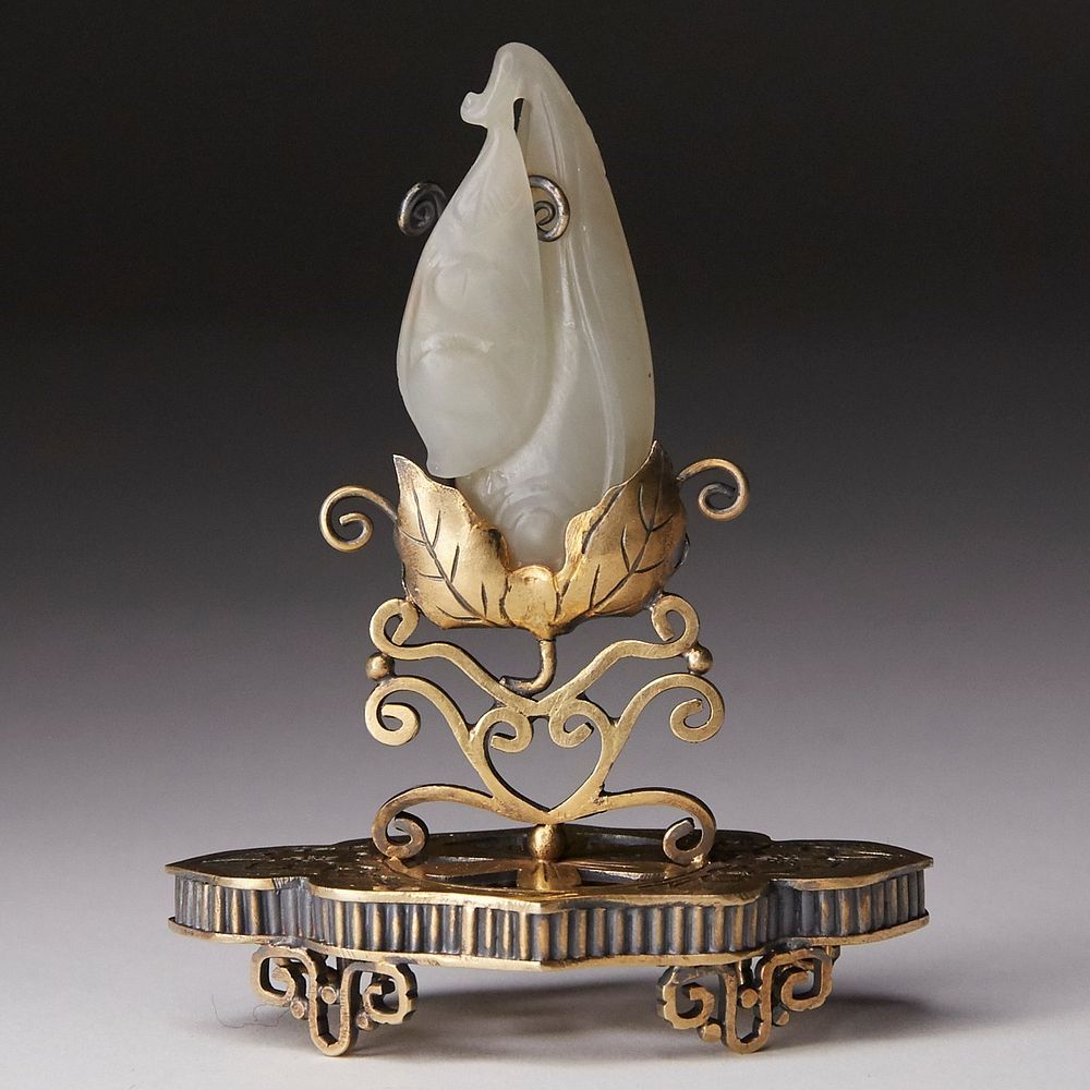 Appraisal: Chinese White Jade Carving - Silver Mounted Chinese pale jade