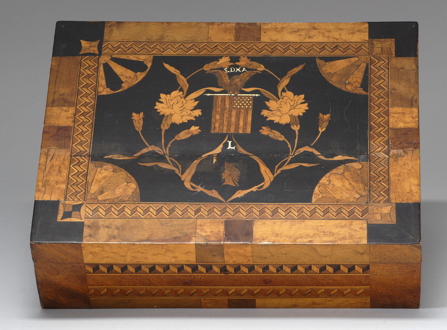 Appraisal: INLAID BOX th CenturyTop panel inlaid with American flag eagle