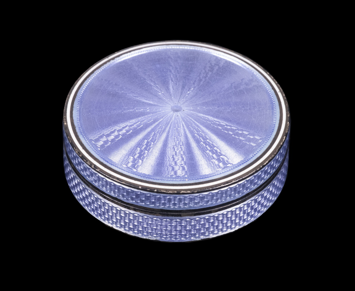 Appraisal: FRENCH GUILLOCHE ENAMEL SILVER PILL BOX Circa Hallmarked Silver Enamel