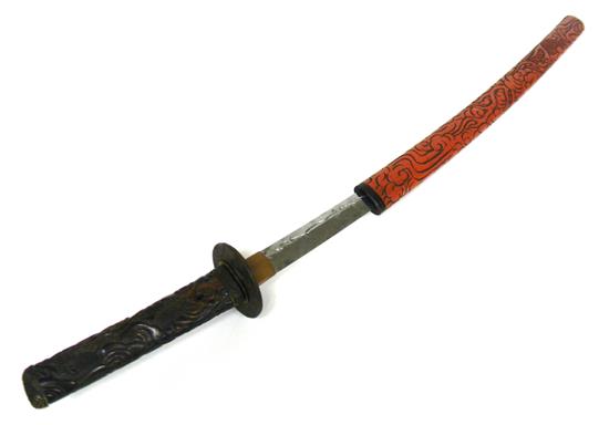 Appraisal: ASIAN th C Japanese wakizashi sword with carved red lacquer