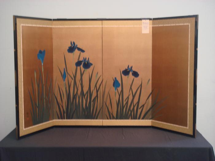 Appraisal: fold Japanese screen depicting blue Japanese irises h w Estimate