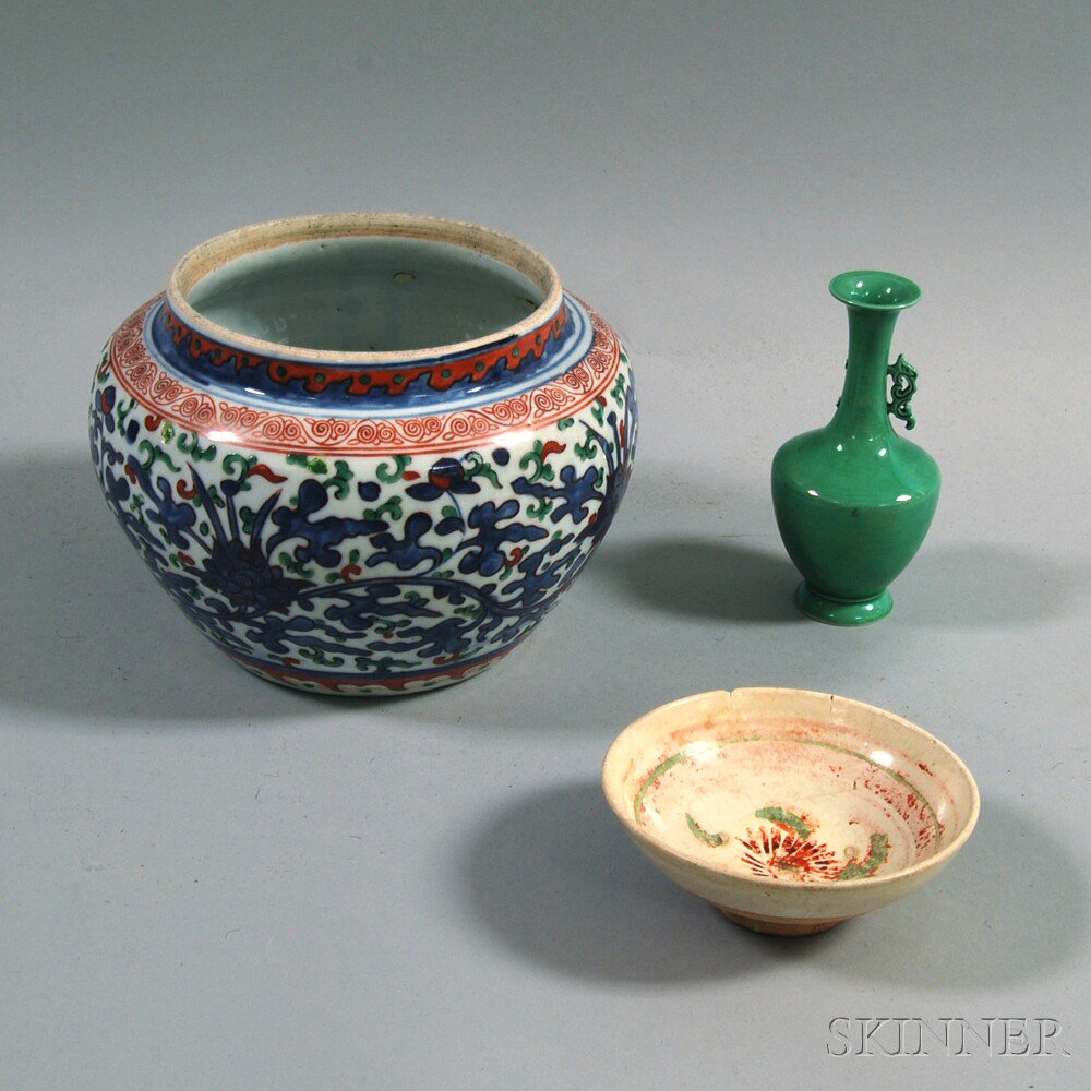 Appraisal: Three Chinese Decorative Porcelain Items a wucai jar decorated with