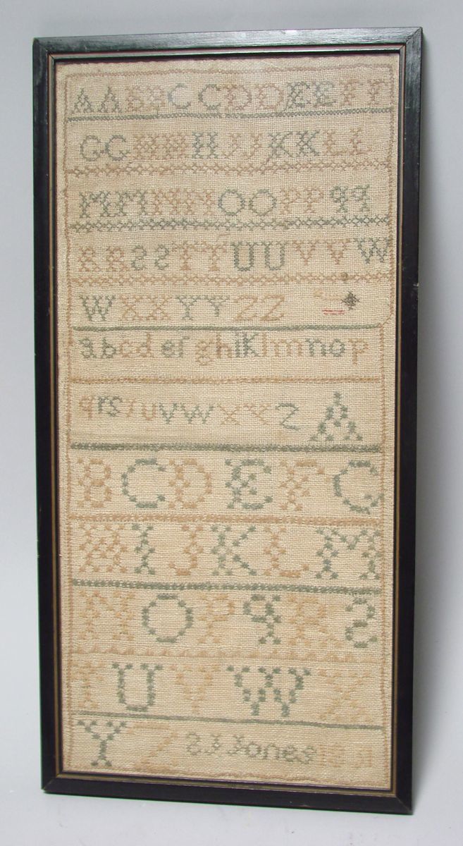 Appraisal: FRAMED ALPHABET SAMPLER Worked by S J Jones backwards Overall