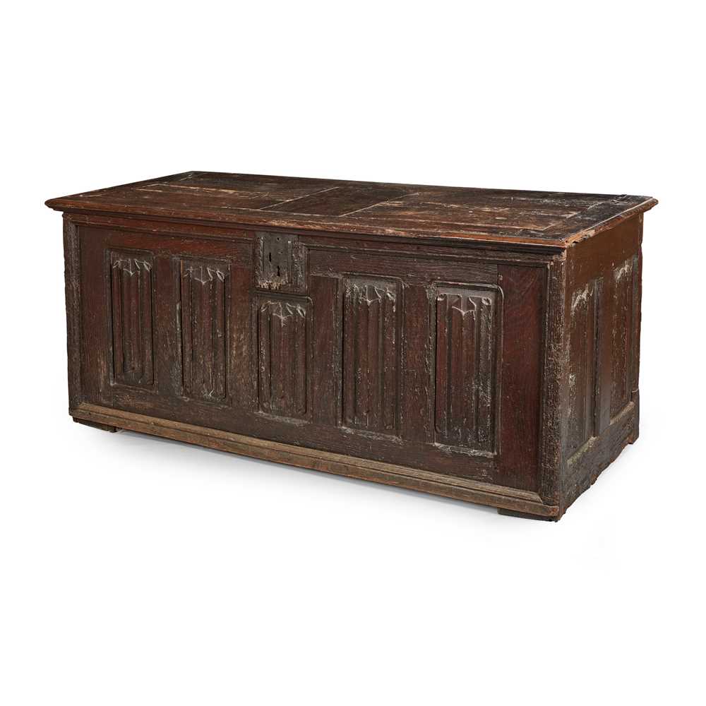 Appraisal: A LARGE OAK COFFER TH CENTURY The top with iron