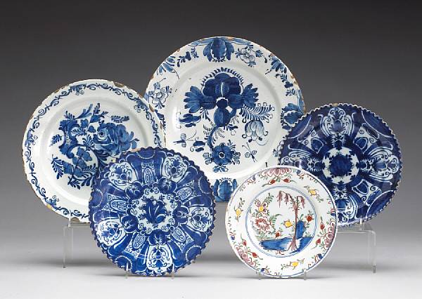 Appraisal: Five Dutch blue and white or polychrome Delft plates th