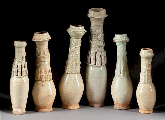 Appraisal: Six Chinese Glazed Pottery Funerary Urns Height of tallest inches