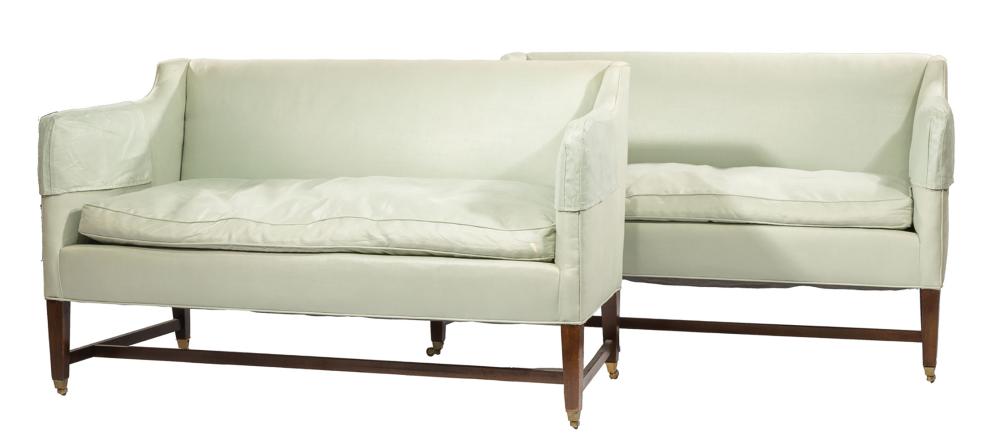 Appraisal: Pair of Regency-Style Mahogany Sofas straight back downswept arms loose